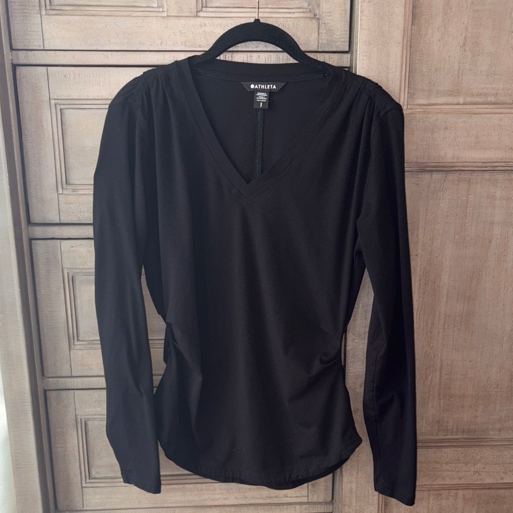 Athleta Black V-Neck ruched Women's Top, size small